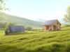 "A serene countryside scene showcasing the Radiant Freedom Off-Grid Solar Kit 400W powering a cozy cabin.", vector, best quality, masterpiece