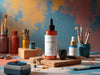 "PrecisionThinner bottle surrounded by artistic tools, vibrant paints, showcasing smooth finishes in an artistic workspace.", vector, best quality, masterpiece