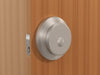 "EasyLock Barrel Bolt: secure, stylish silver lock on wooden door, robust yet elegant design, safety", vector, best quality, masterpiece