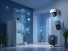 Create a high-tech home security scene featuring the 'Home Sentinel Security System': advanced sensors, cameras., vector, best quality, masterpiece