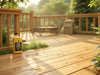 Create an inviting image of NatureGlow Deck & Fence Wash cleaning a deck, removing dirt and stains., vector, best quality, masterpiece