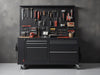 Create a sleek image of MobilityMax Tool Storage Chest: robust, rolling cabinet, organized tools, workspace elegance., vector, best quality, masterpiece