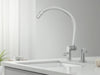 "SleekStream 2-Handle Kitchen Faucet: modern dual-handle design, chrome finish, high arc spout, elegant efficiency.", vector, best quality, masterpiece