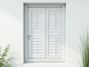 "Luxe Louvers: Classic louvered shutters, elegant exterior, adjustable light control, weather-resistant, stylish home enhancement.", vector, best quality, masterpiece