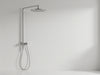 Create a sleek, modern bathroom image featuring a 'Streamline Shower Arm' with adjustable height and angle., vector, best quality, masterpiece