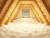 A cozy attic filled with WarmNest Green Loose-Fill Insulation, showcasing eco-friendly and efficient insulation., vector, best quality, masterpiece