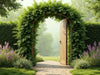 "Create an Enchanted Arbor Garden Gate image: elegant curves, natural finish, whimsical garden oasis atmosphere.", vector, best quality, masterpiece