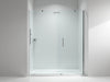 "Elegant LuxeFrame Hinged Shower Door with sleek tempered glass, polished chrome, spa-like bathroom retreat.", vector, best quality, masterpiece